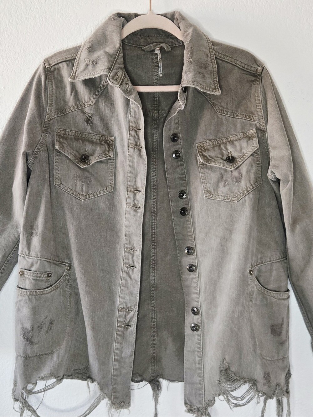 Free People Moon Child Distressed Oversized Utility Cargo Jacket Faded Olive XS